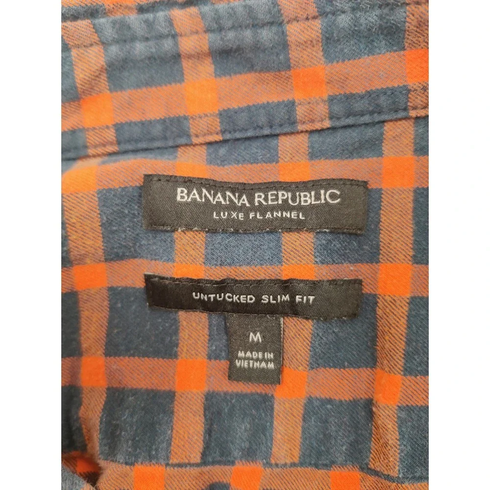 Banana Republic Mens Luxe Flannel Shirt MED Untucked Slim Fit Navy Orange Plaid
